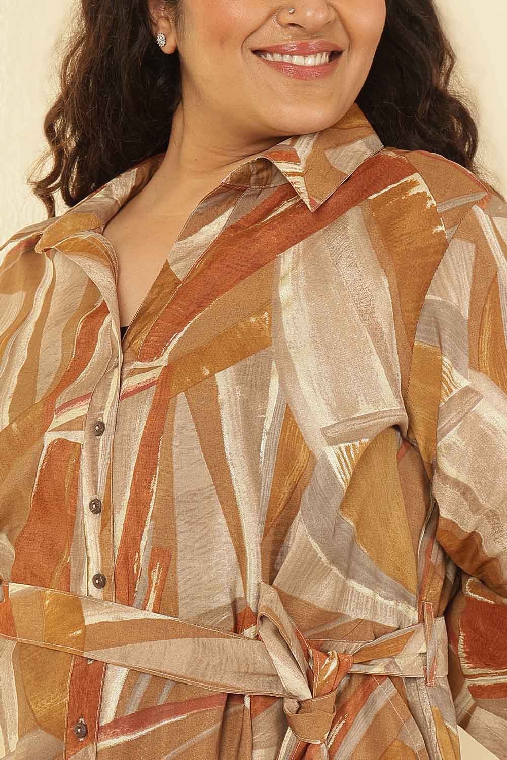 Plus Size Brown Printed Rayon Muslin Shirt Dress