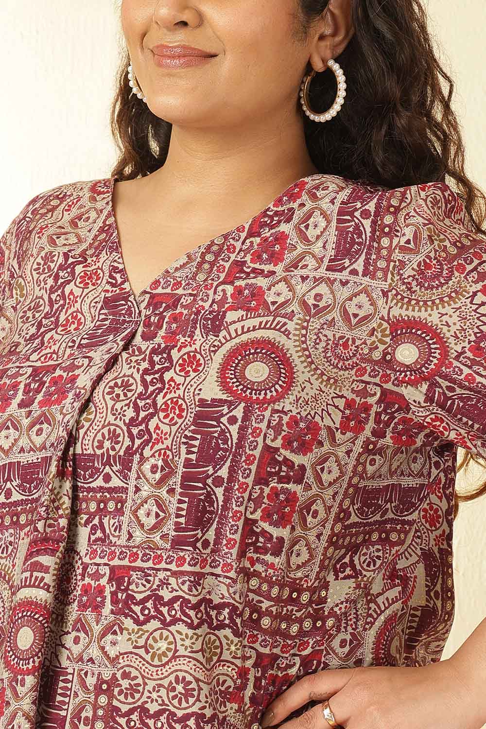 Comfortable Plus Size Maroon Ethnic Print V-Neck Rayon Muslin Top