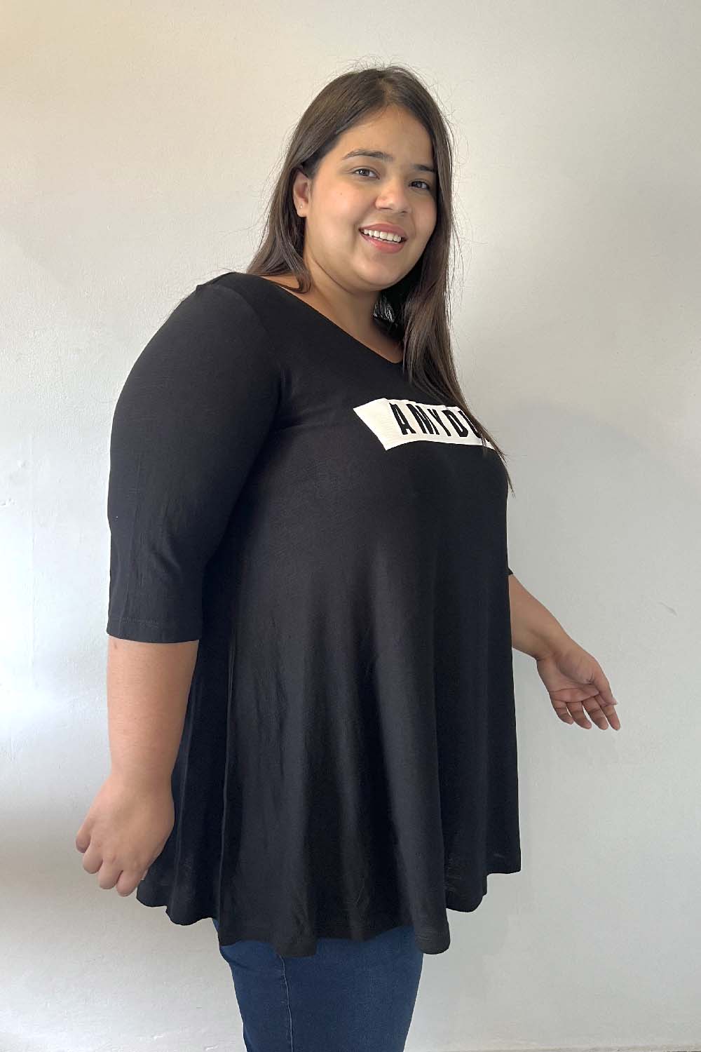 Self-Design A-Line Plus Size Black Top for Women