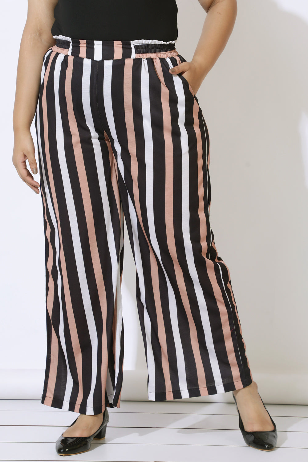 Plus Size Plus Size Black Luxe Stripes High Waist Pants