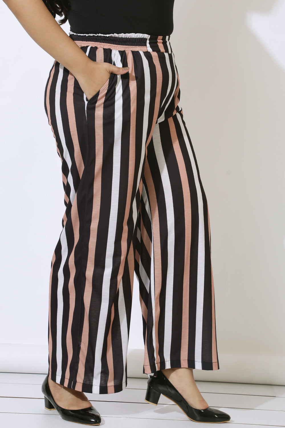 Plus Size Black Luxe Stripes High Waist Pants for Women
