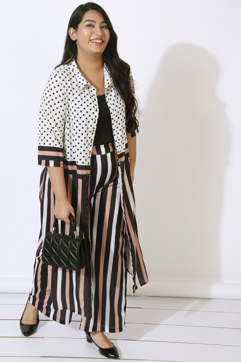 Buy Black Luxe Polka Stripes Kurta Cum Shrug