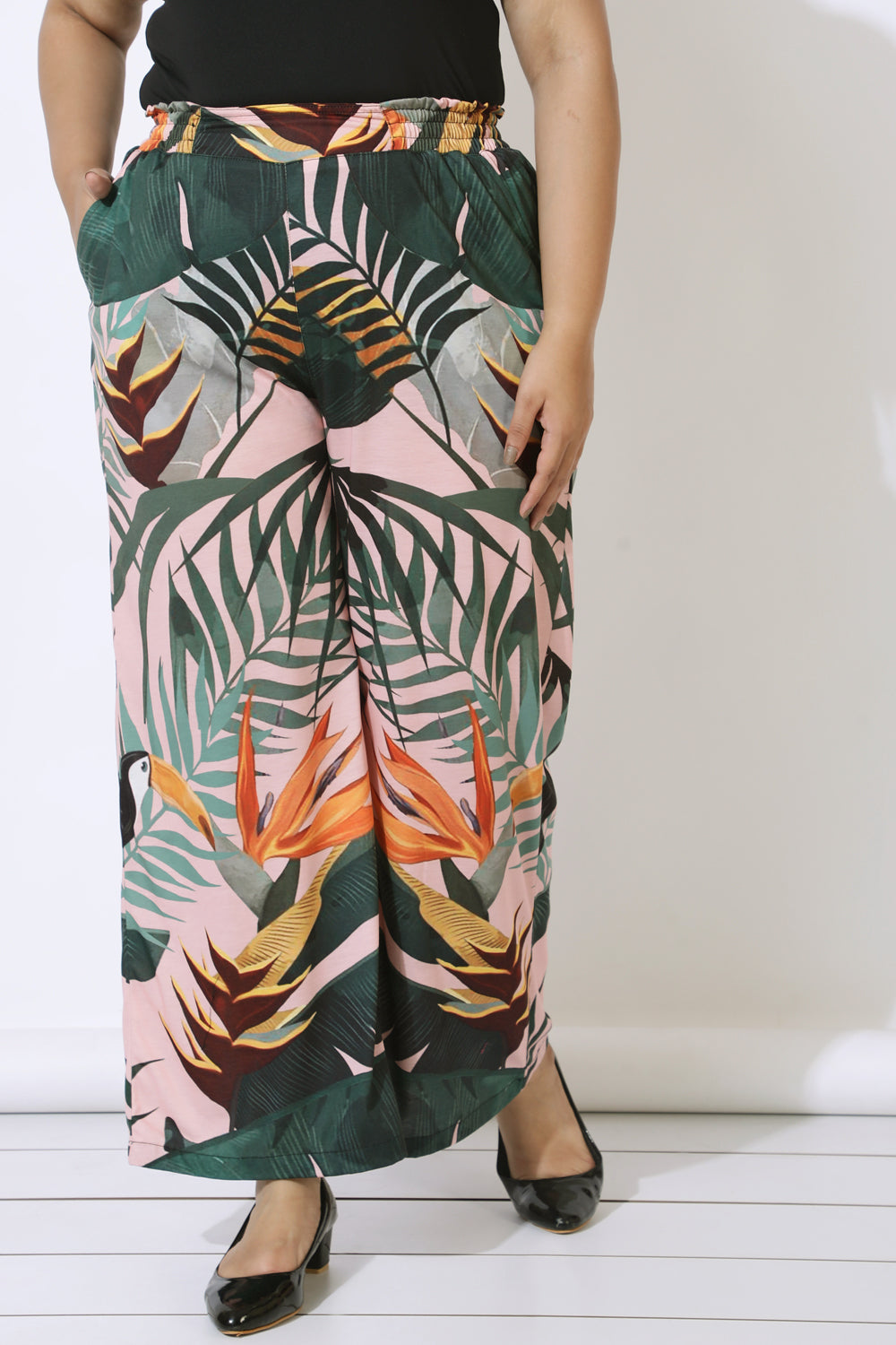 Plus Size Plus Size Pink Tropical Print High Waist Pants