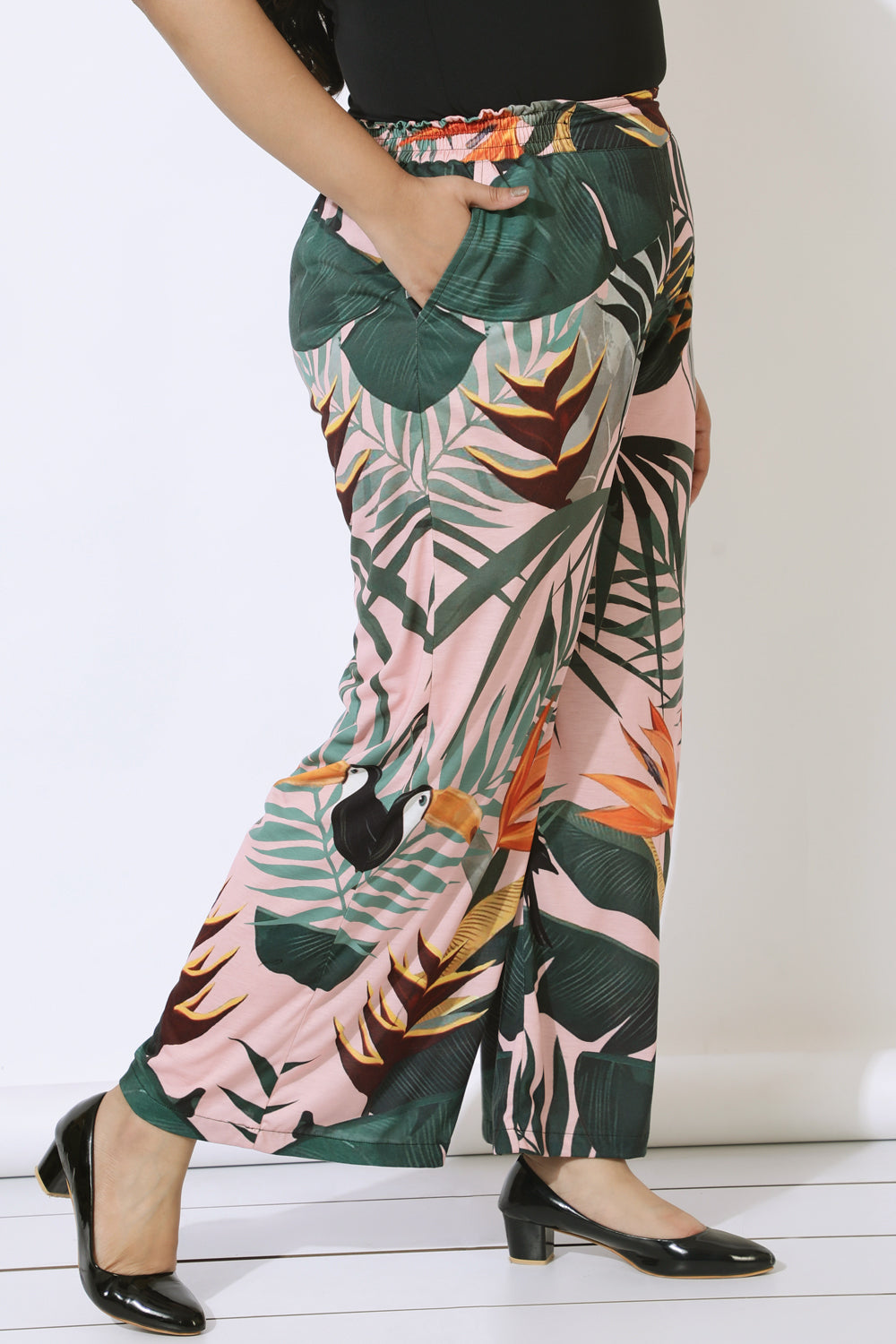 Plus Size Pink Tropical Print High Waist Pants for Women