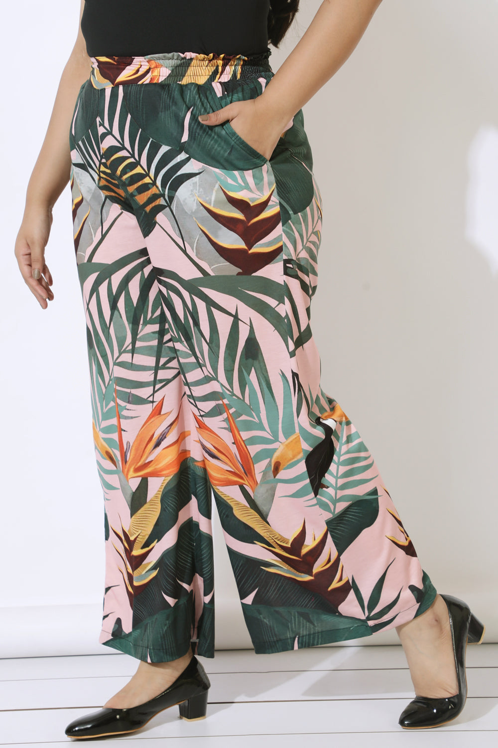 Comfortable Plus Size Pink Tropical Print High Waist Pants
