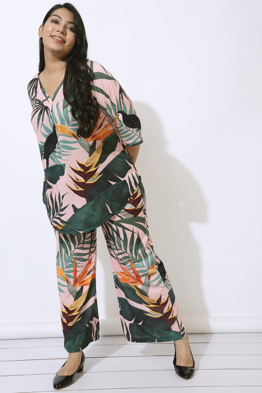 Plus Size Pink Tropical Print Centre Pleat Top