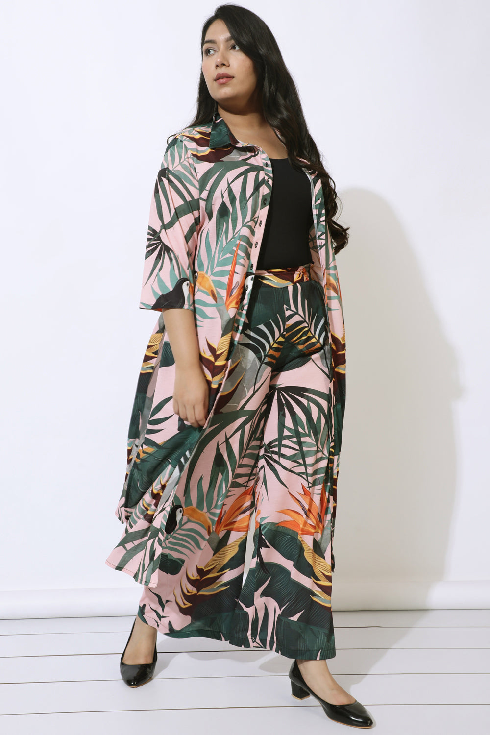 Pink Tropical Print Kurta Cum Shrug