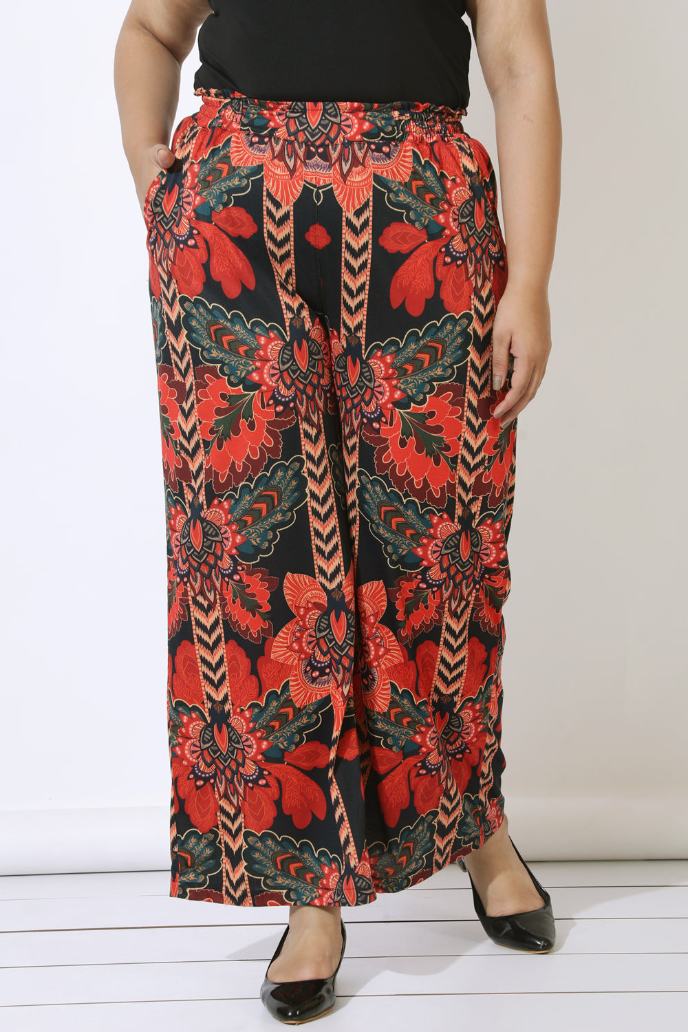 Plus Size Plus Size Black Tropical Print High Waist Pants