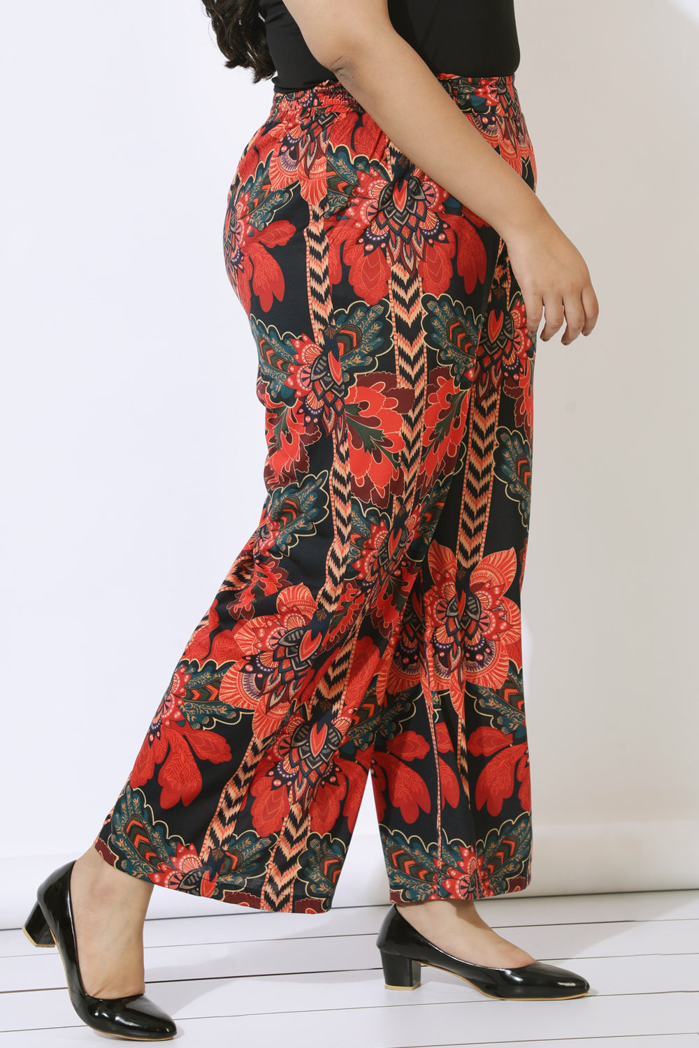 Plus Size Black Tropical Print High Waist Pants for Women