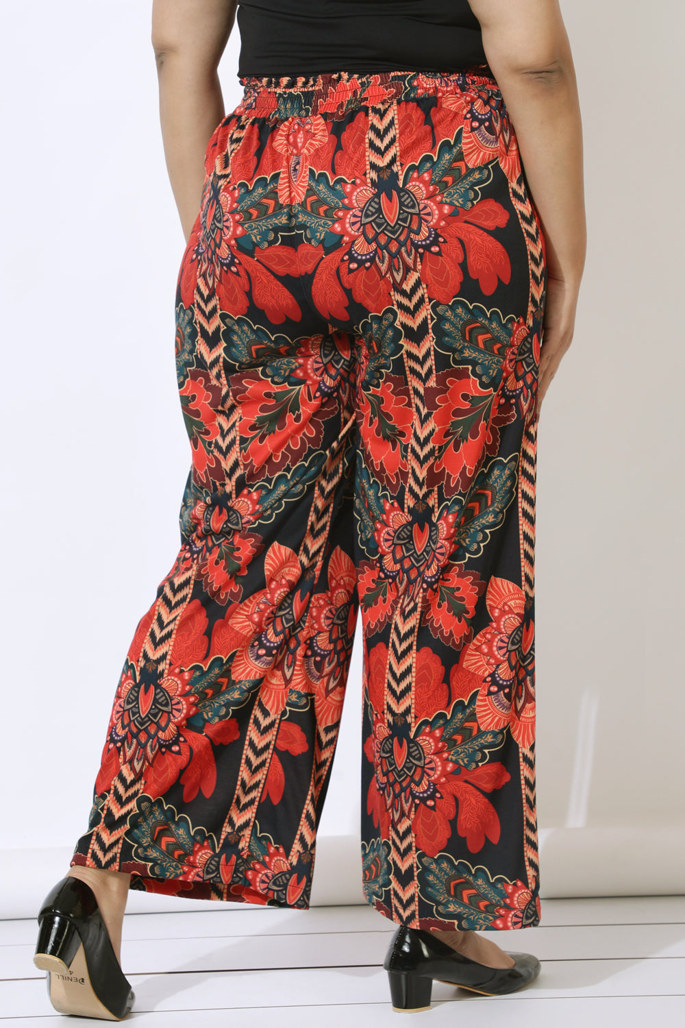 Plus Size Black Tropical Print High Waist Pants