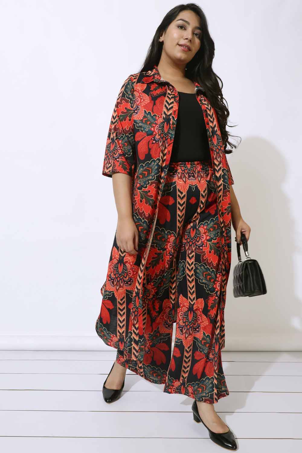 Plus Size Plus Size Black Tropical Print Kurta Cum Shrug