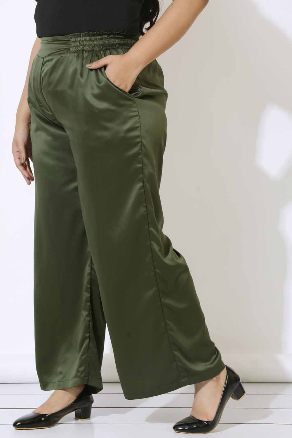 Comfortable Plus Size Olive Satin High Waist Pants