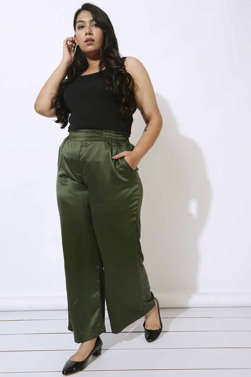 Plus Size Olive Satin High Waist Pants