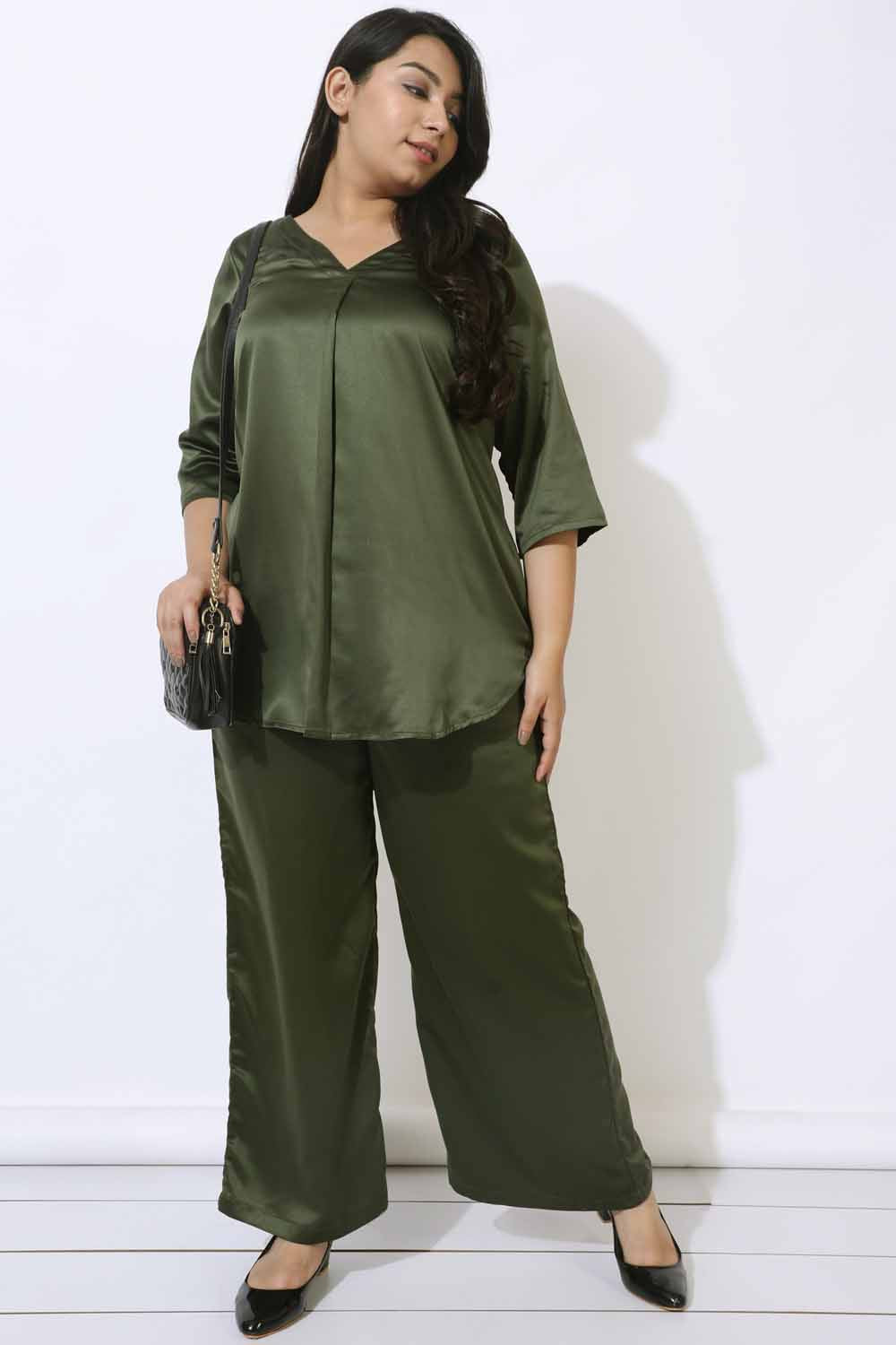 Buy Plus Size Olive Satin High Waist Pants