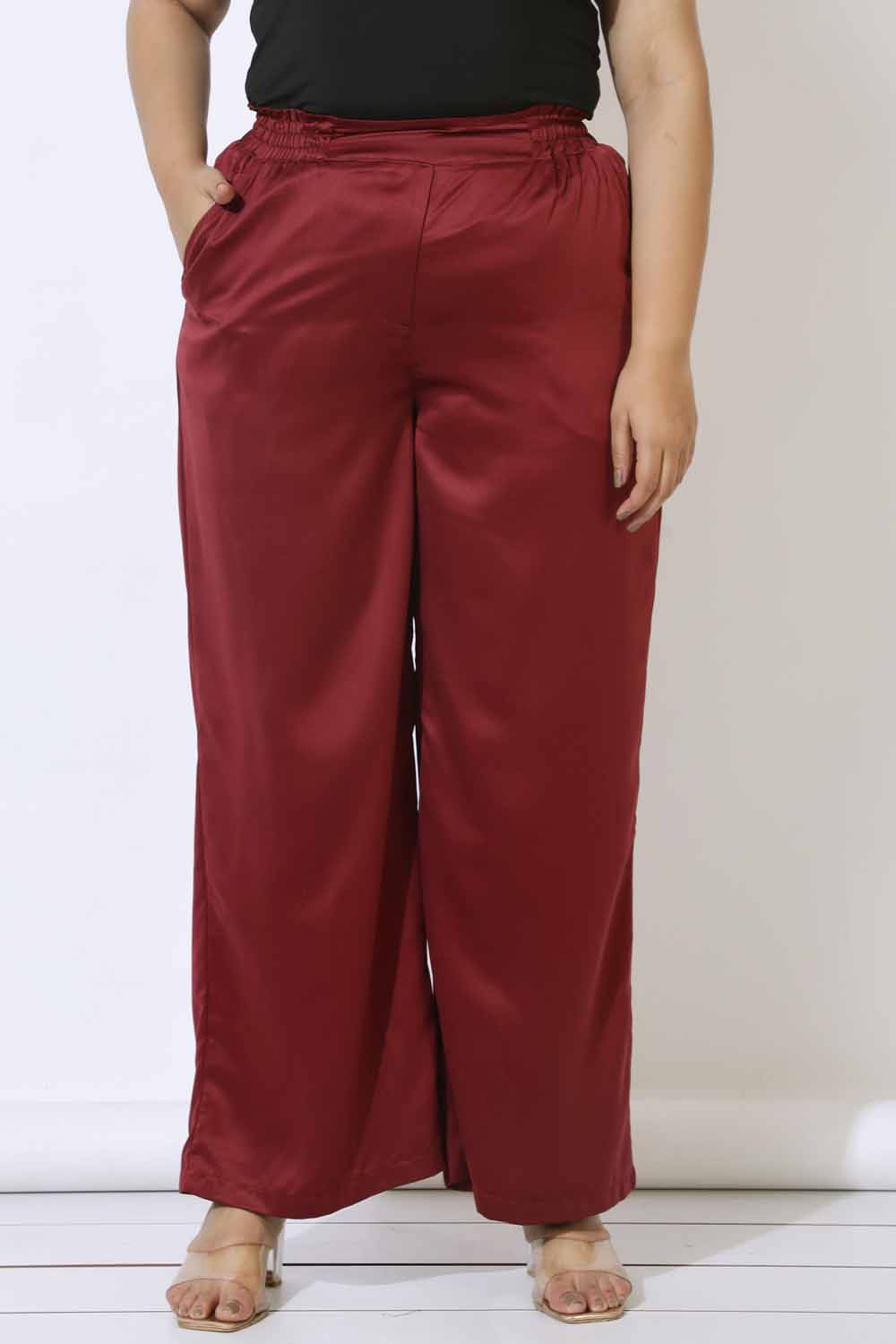 Plus Size Plus Size Maroon Satin High Waist Pants