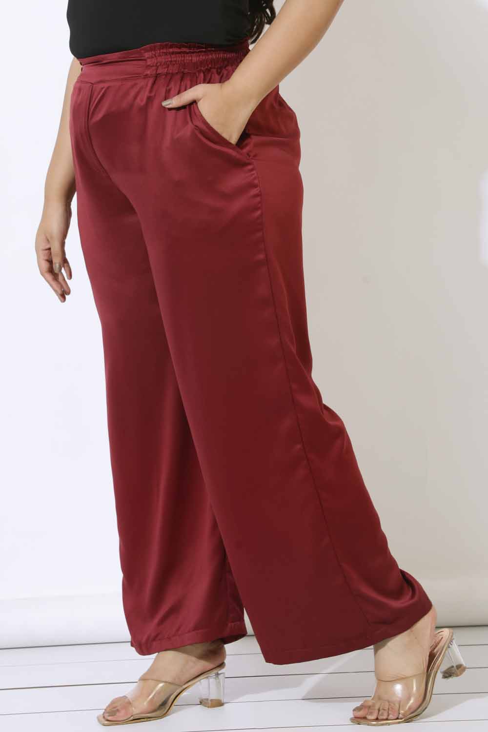 Comfortable Plus Size Maroon Satin High Waist Pants
