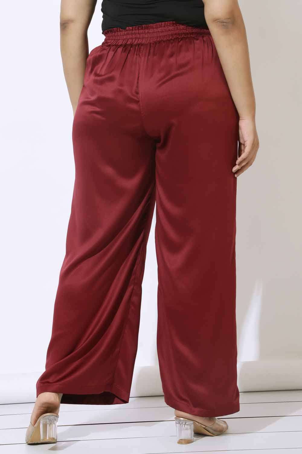 Plus Size Maroon Satin High Waist Pants