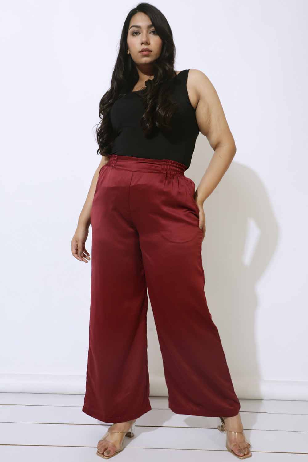 Plus Size Maroon Satin High Waist Pants