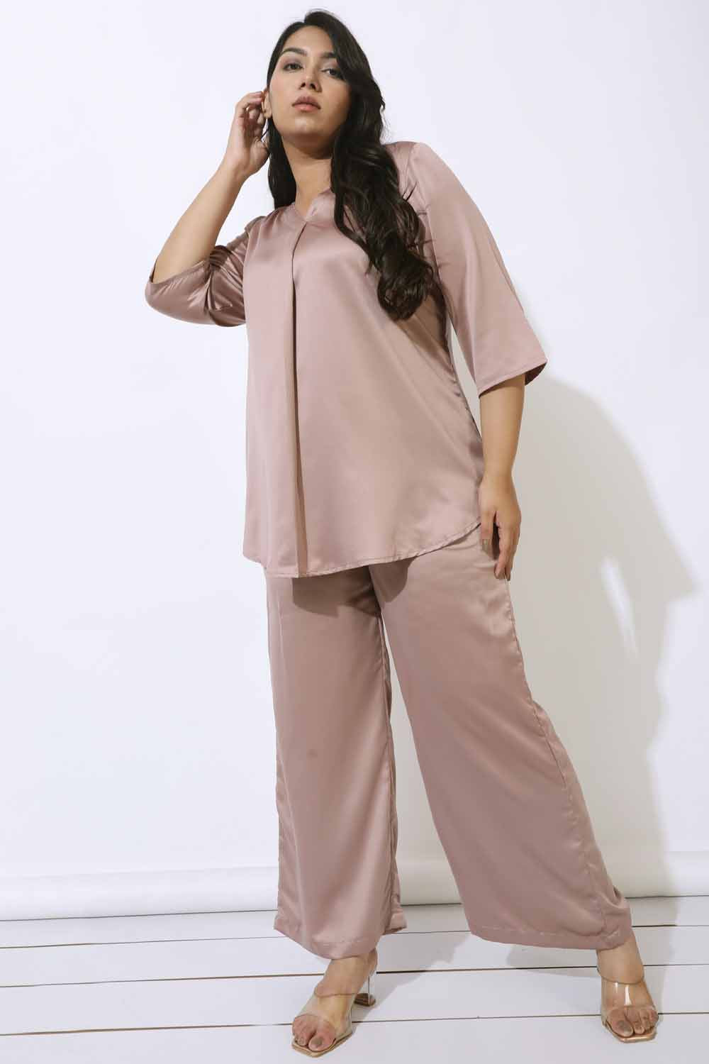 Buy Plus Size Rose Satin High Waist Pants