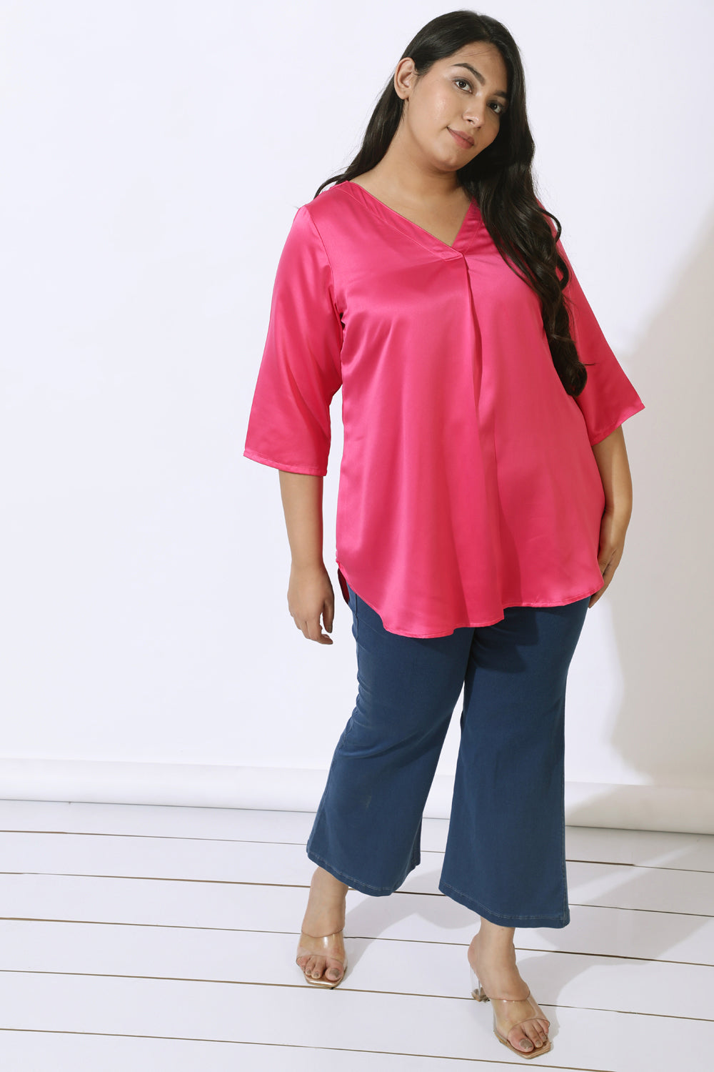 Plus Size Pink Satin Centre Pleat Top