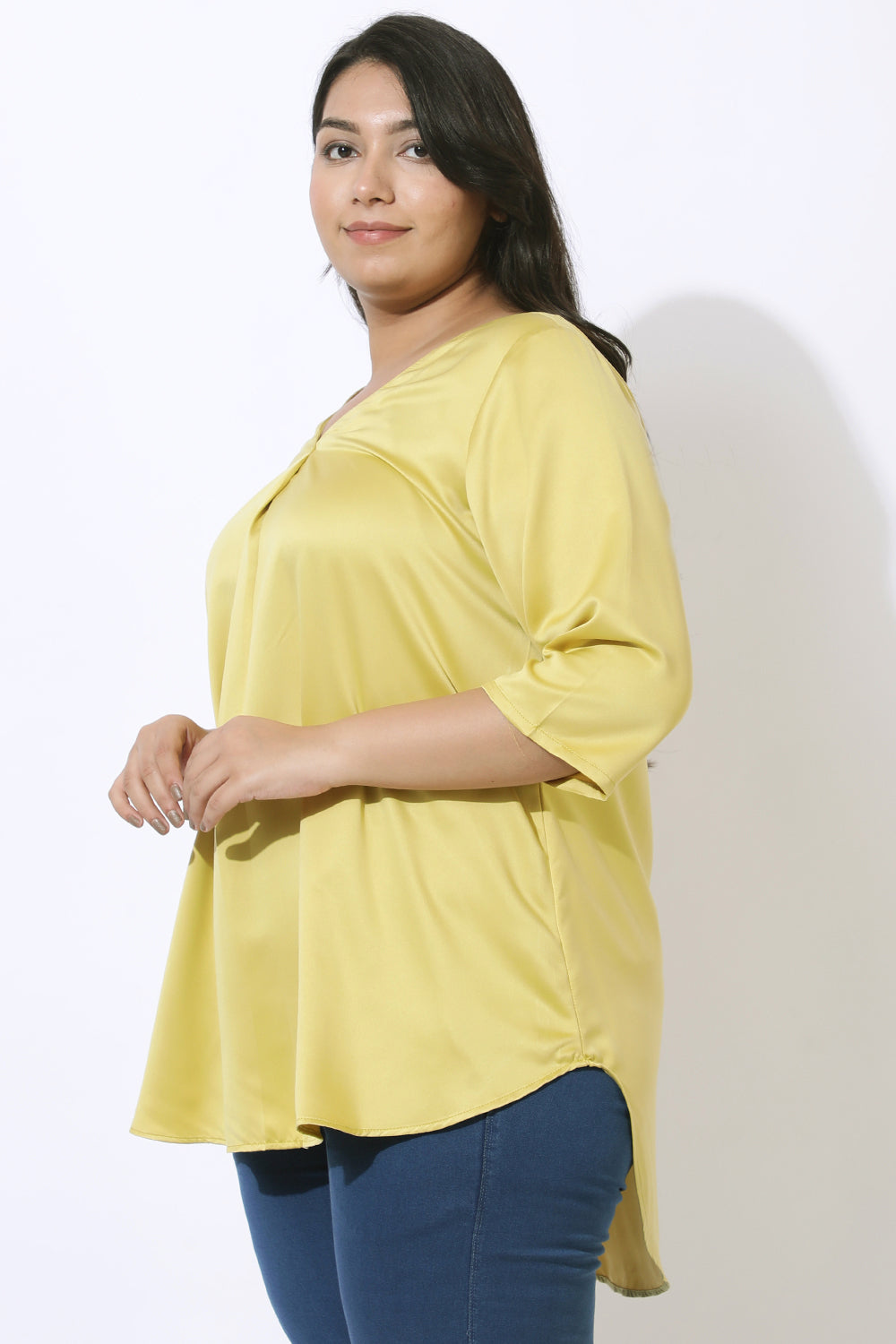 Plus Size Yellow Satin Centre Pleat Top for Women