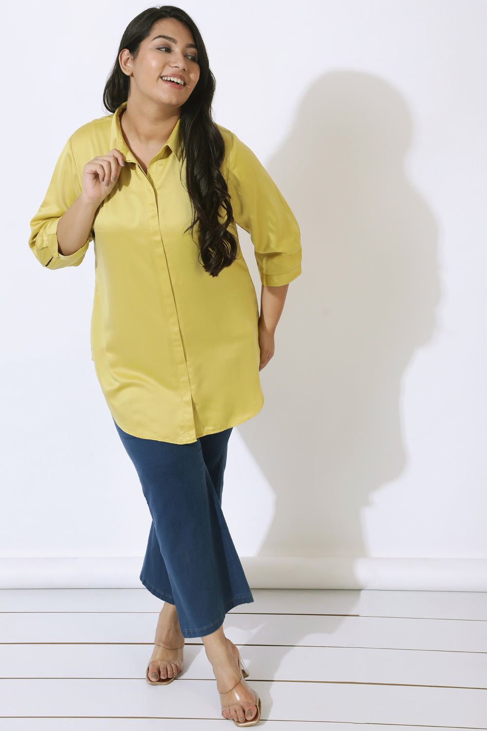 Plus Size Yellow Satin Shirt