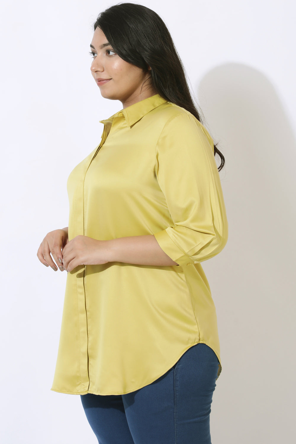 Plus Size Yellow Satin Shirt for Women