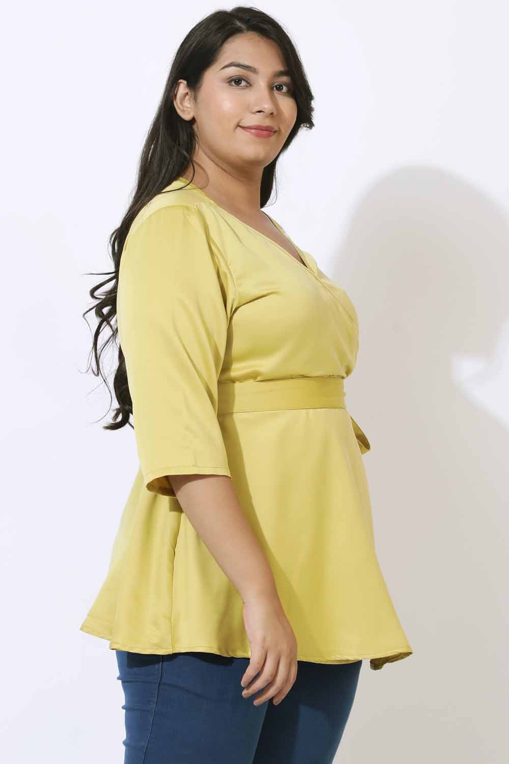 Comfortable Plus Size Yellow Satin Wrap Top
