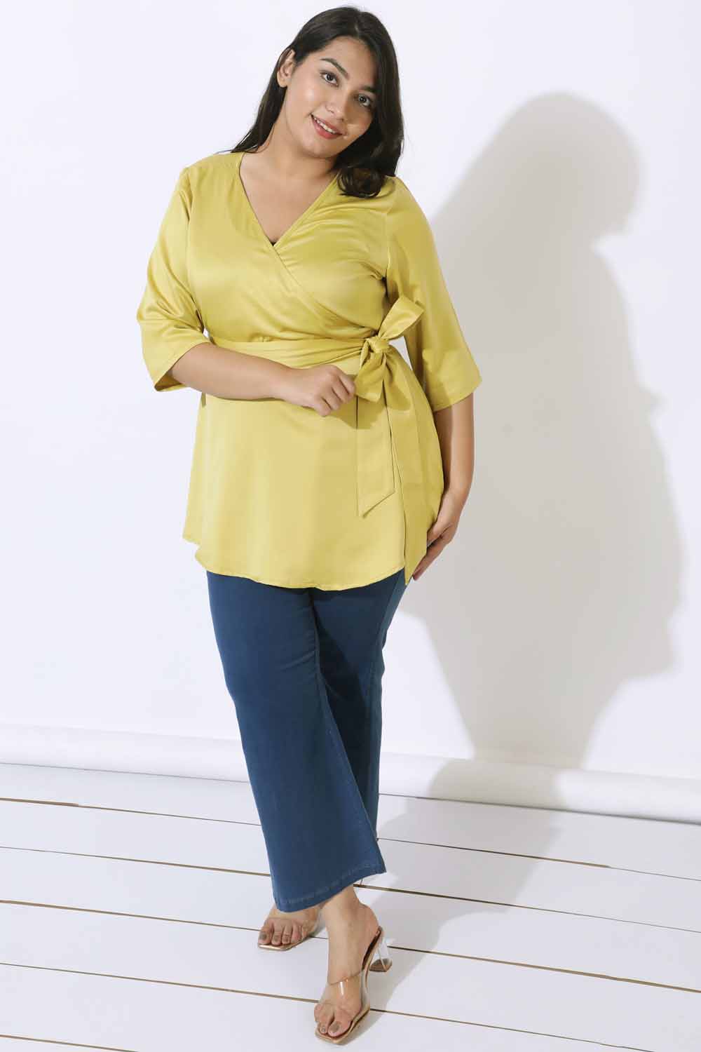 Buy Plus Size Yellow Satin Wrap Top