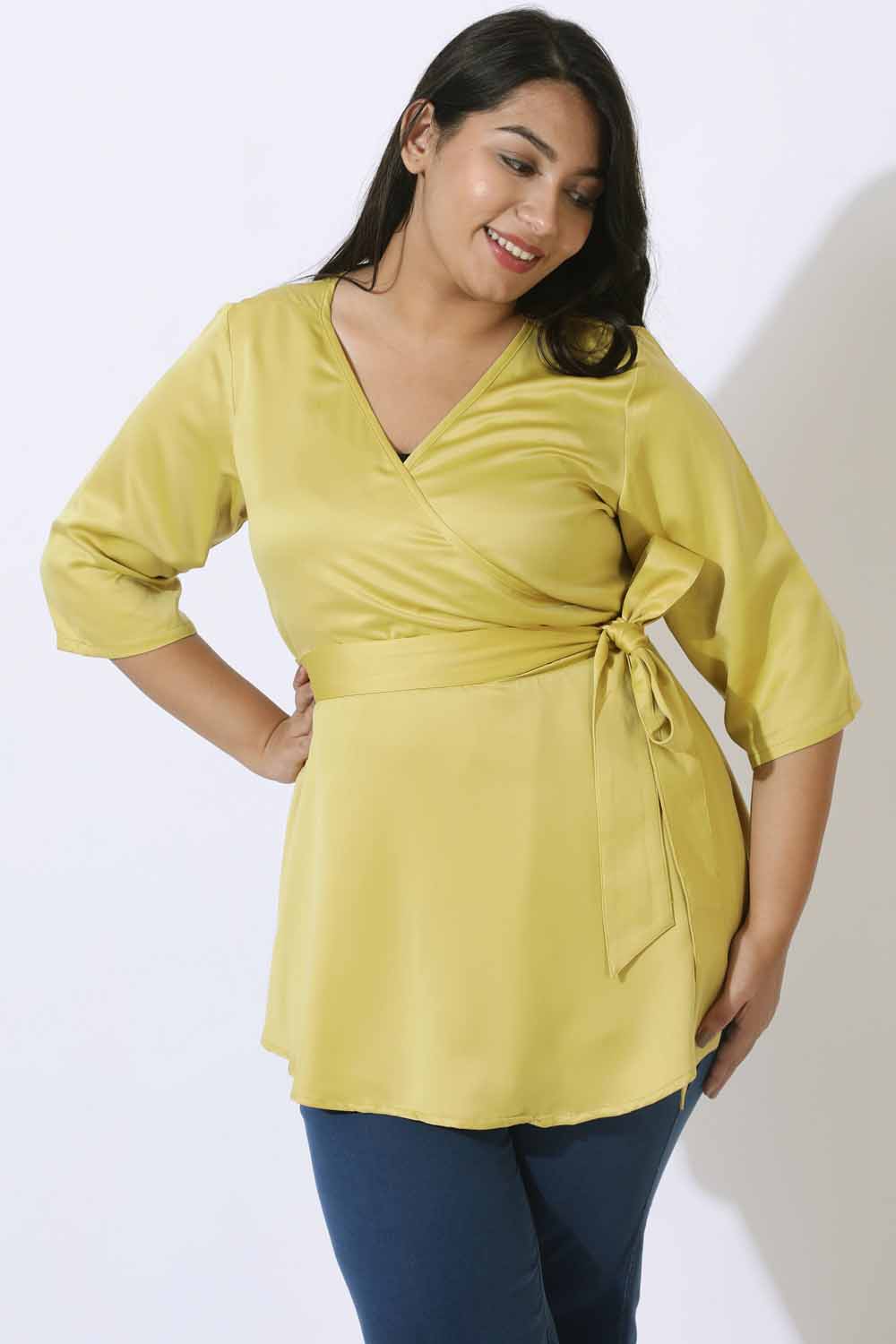 Plus Size Yellow Satin Wrap Top