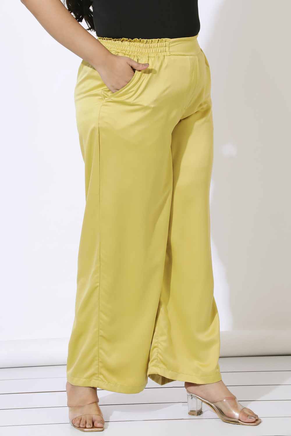 Plus Size Yellow Satin High Waist Pants for Women