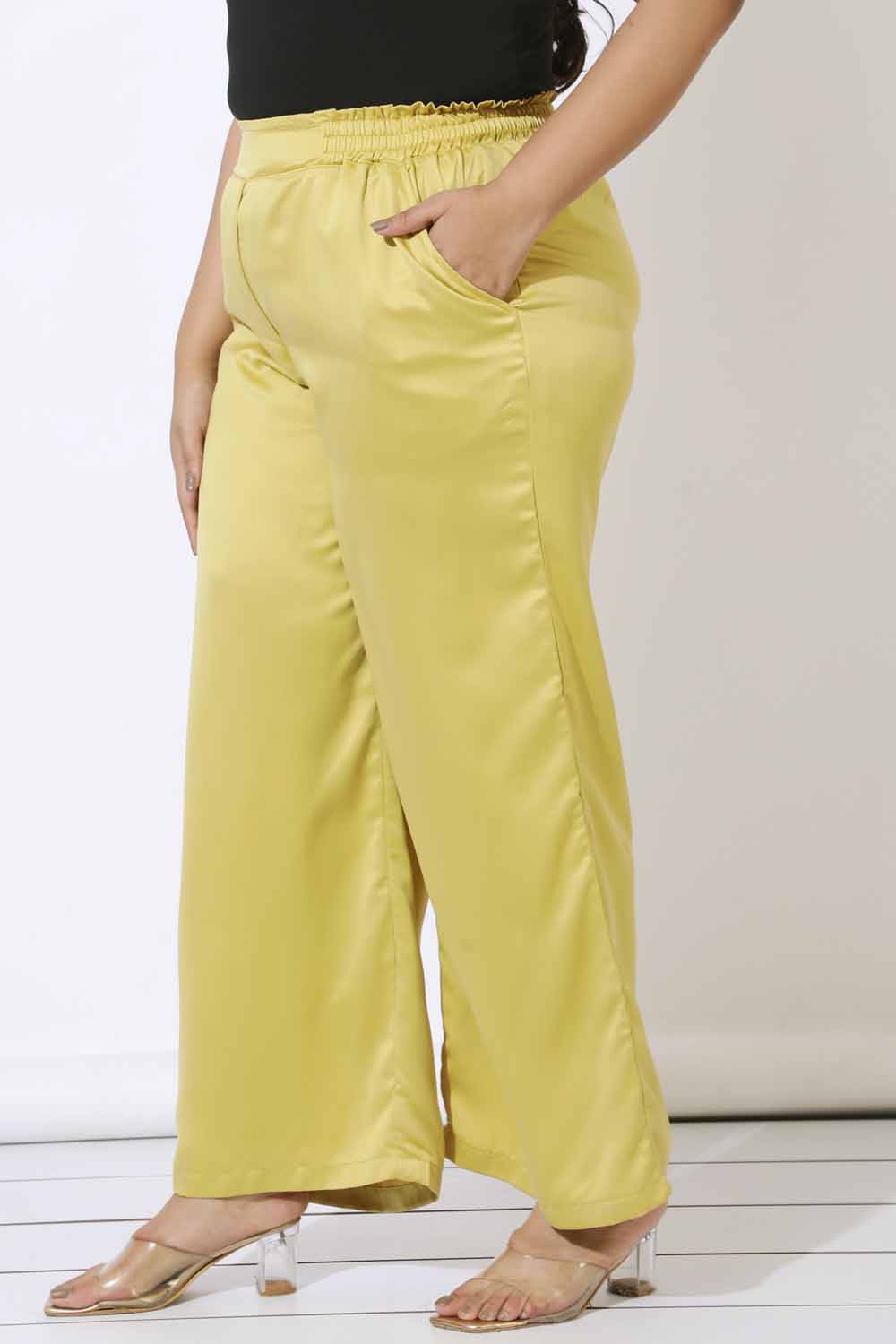 Comfortable Plus Size Yellow Satin High Waist Pants