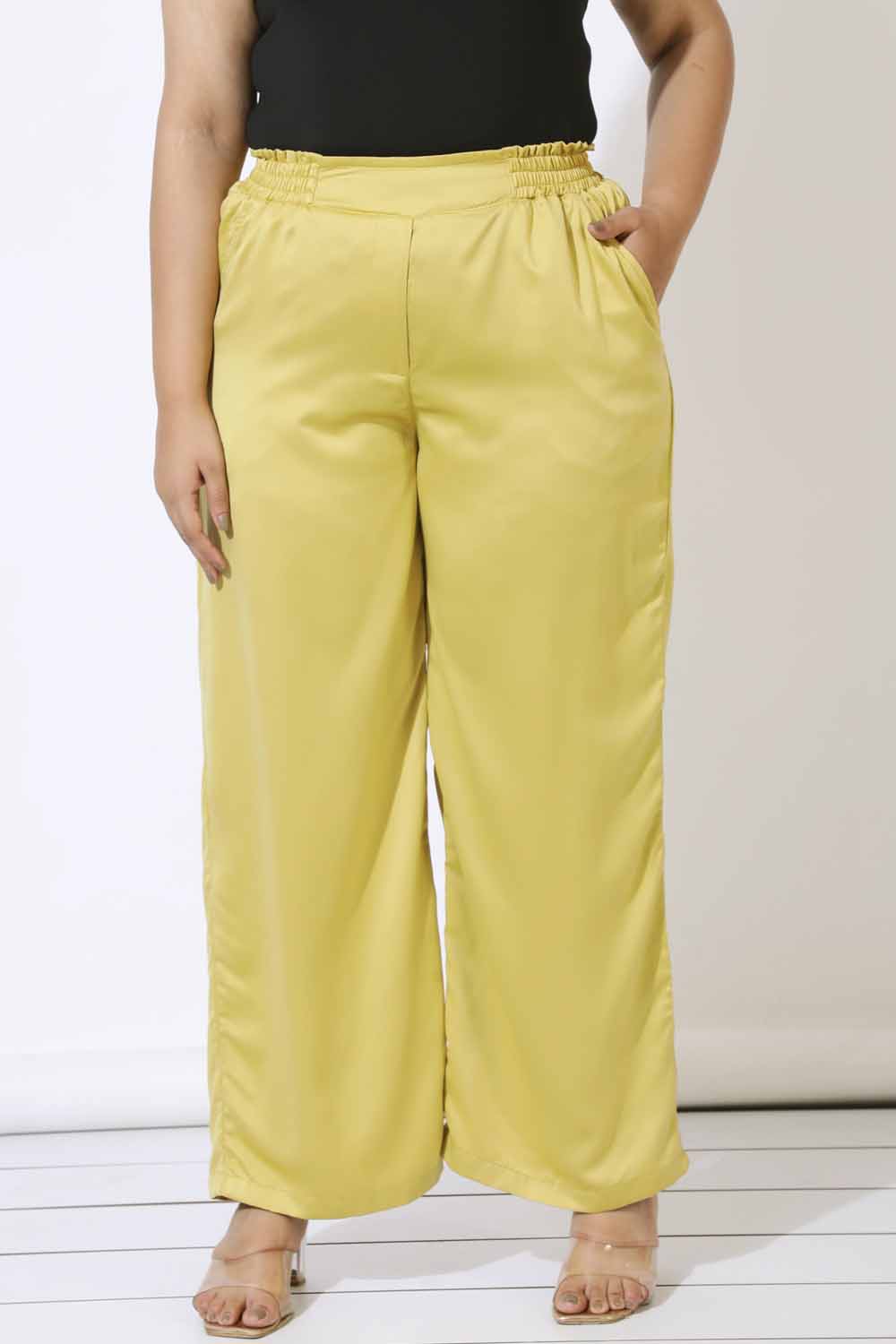 Plus Size Plus Size Yellow Satin High Waist Pants