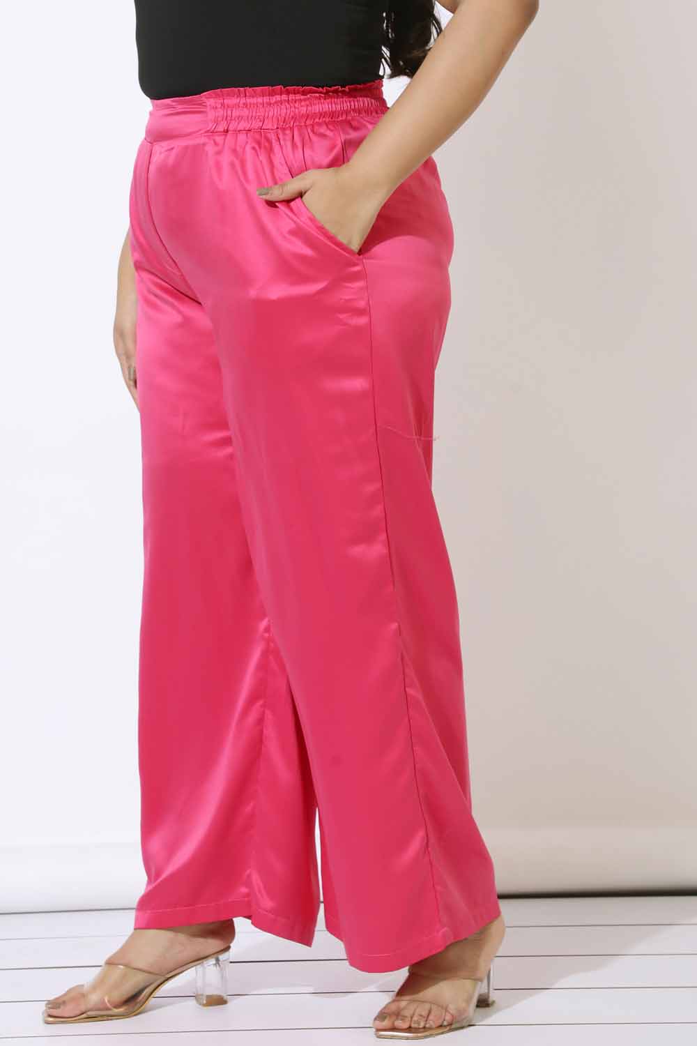 Comfortable Plus Size Pink Satin High Waist Pants