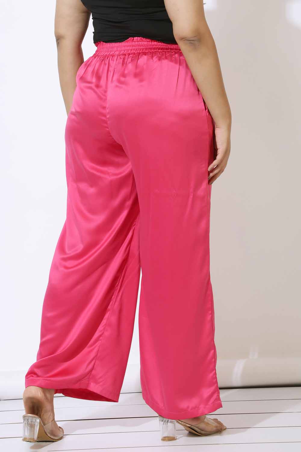 Plus Size Pink Satin High Waist Pants