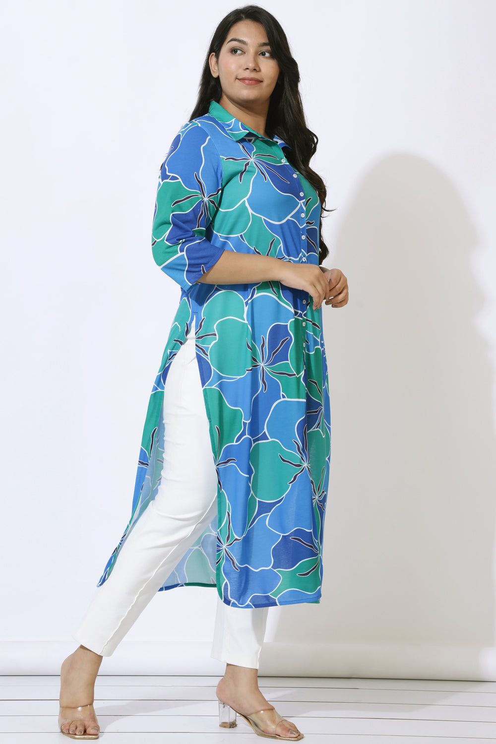 Plus Size Blue Green Abstract Kurta Cum Shrug for Women