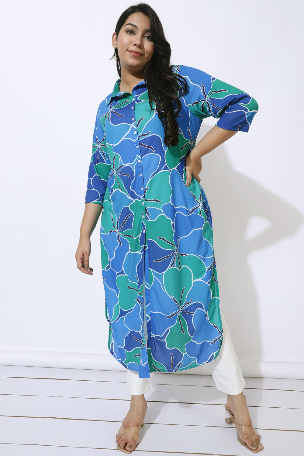 Plus Size Blue Green Abstract Kurta Cum Shrug