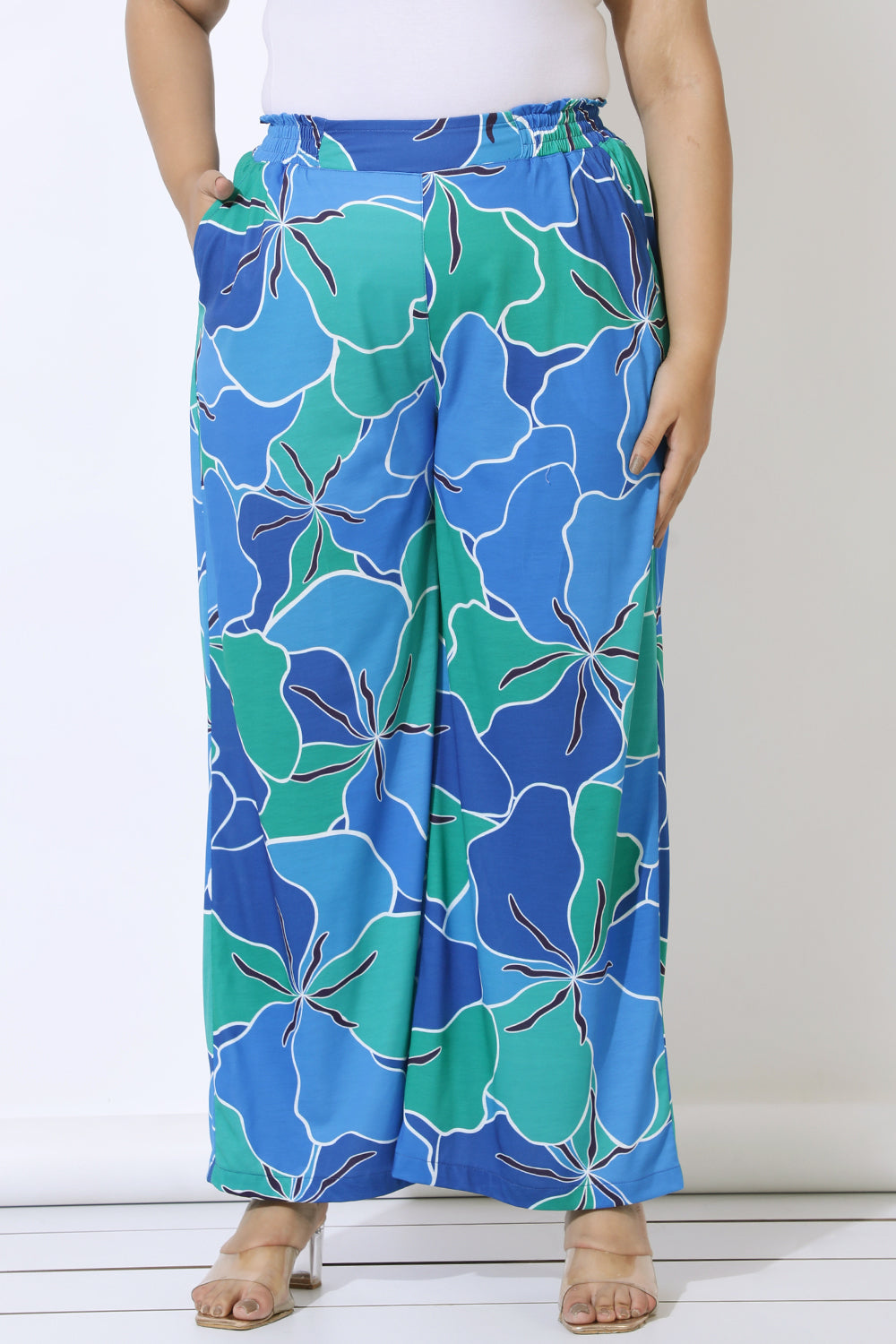 Blue Green Abstract Print High Waits Pants