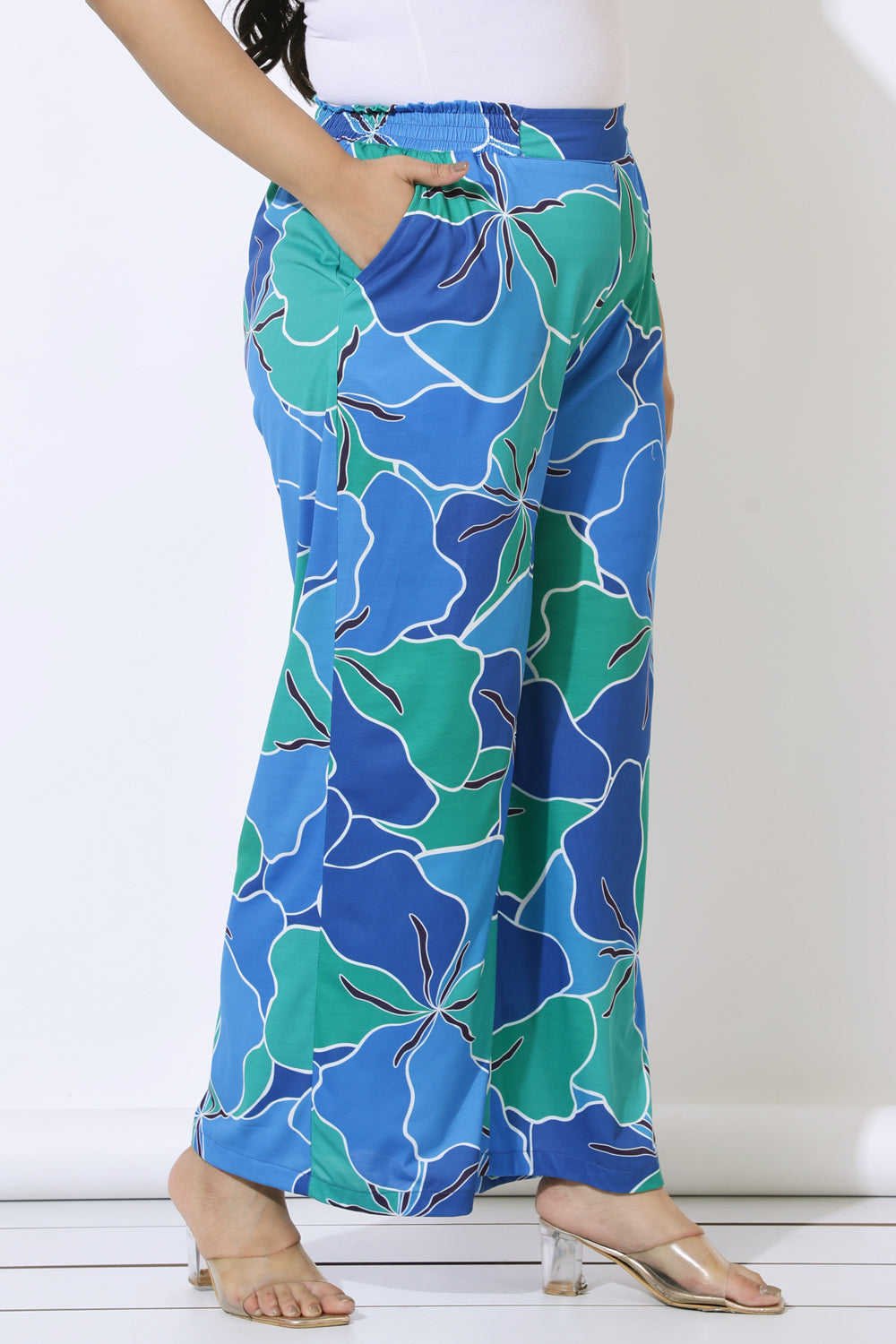 Blue Green Abstract Print High Waits Pants