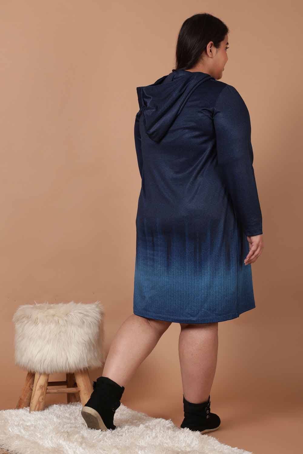 Plus Size Midnight Denim Ombre Printed Sweatshirt Hoodie Winter Dress