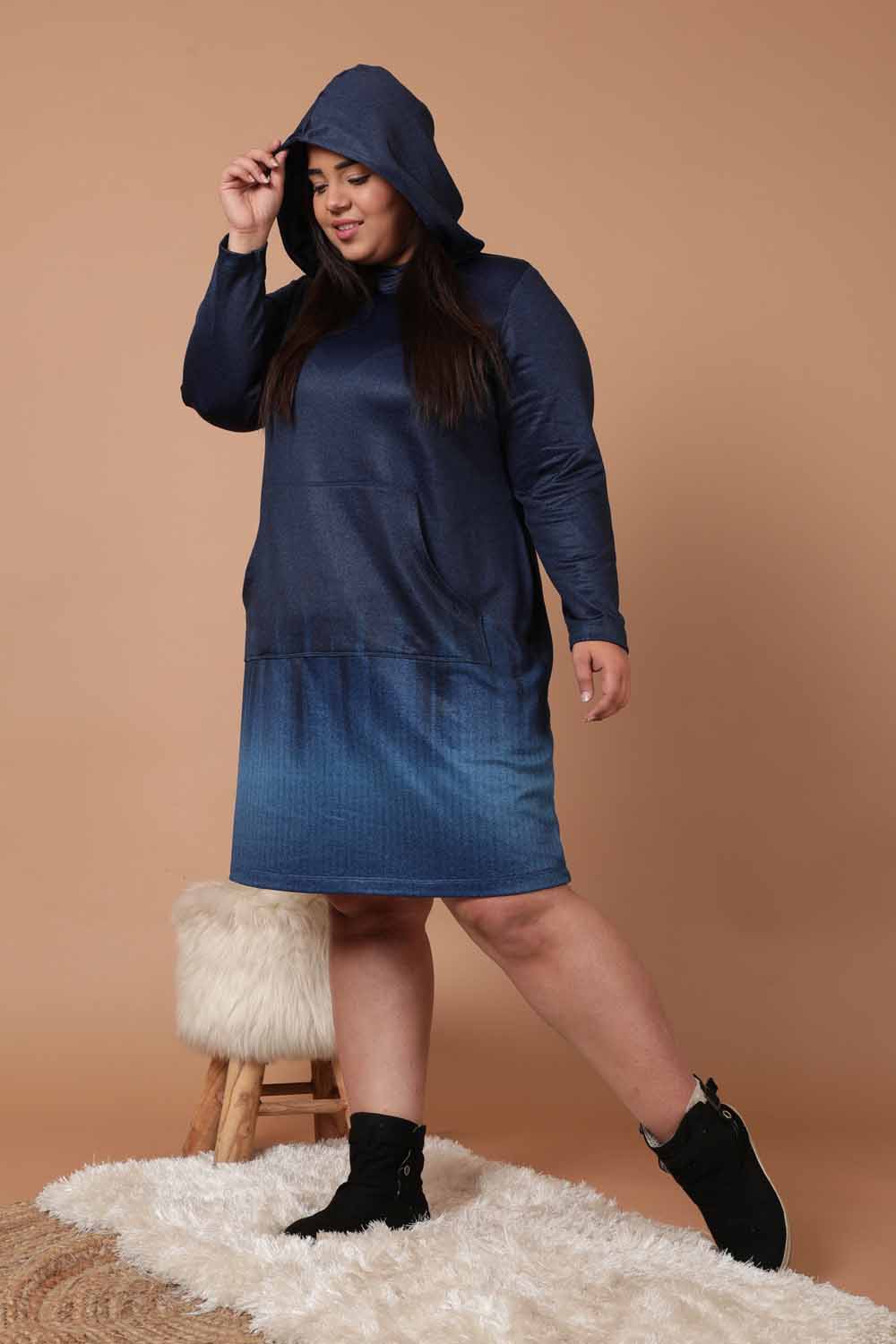 Plus Size Midnight Denim Ombre Printed Sweatshirt Hoodie Winter Dress