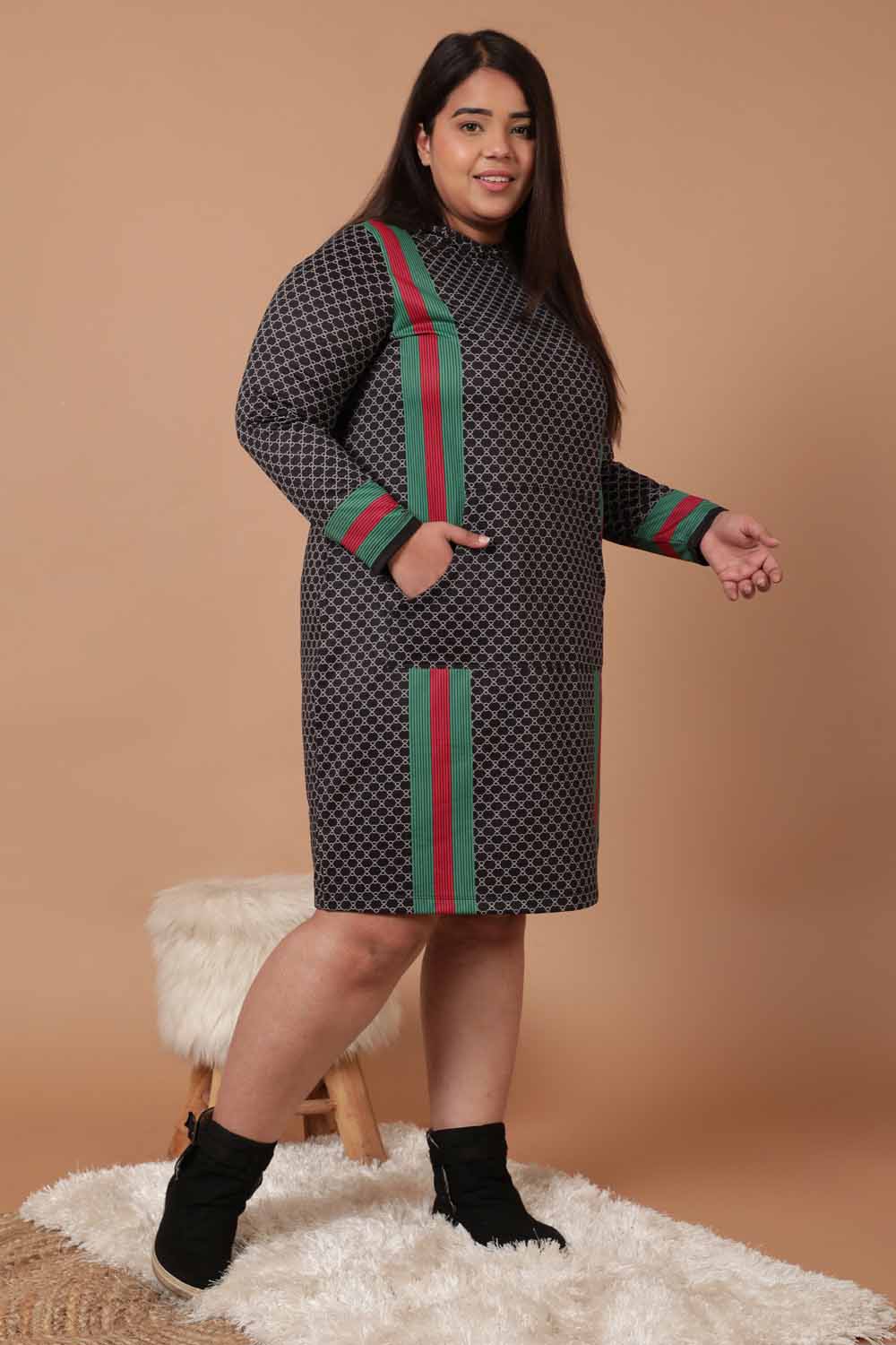 Plus Size Plus Size Black Luxe Printed Sweatshirt Hoodie Winter Dress