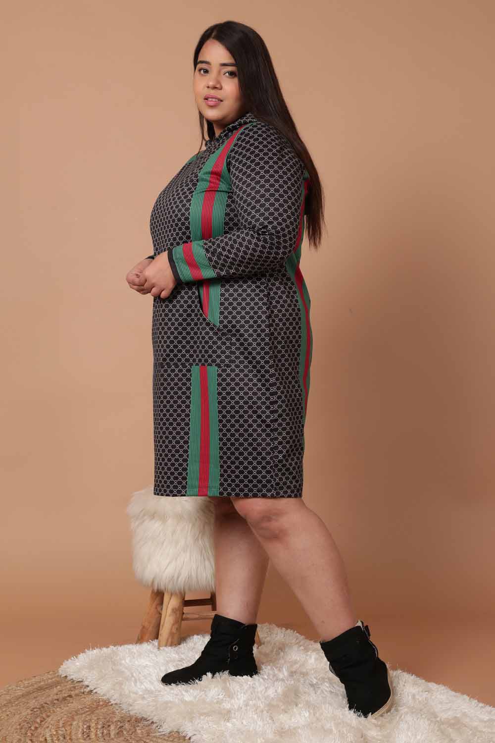 Plus Size Black Luxe Printed Sweatshirt Hoodie Winter Dress for Women