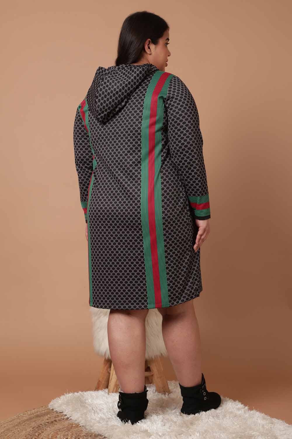 Comfortable Plus Size Black Luxe Printed Sweatshirt Hoodie Winter Dress