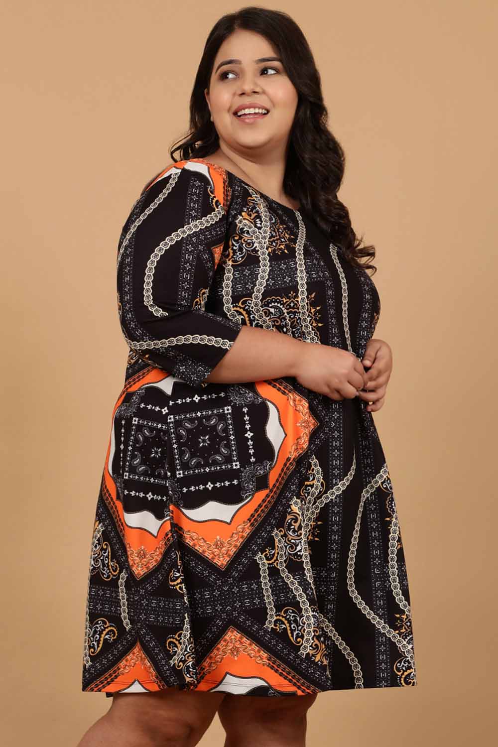 Plus Size Black Baroque Printed Dress for Women