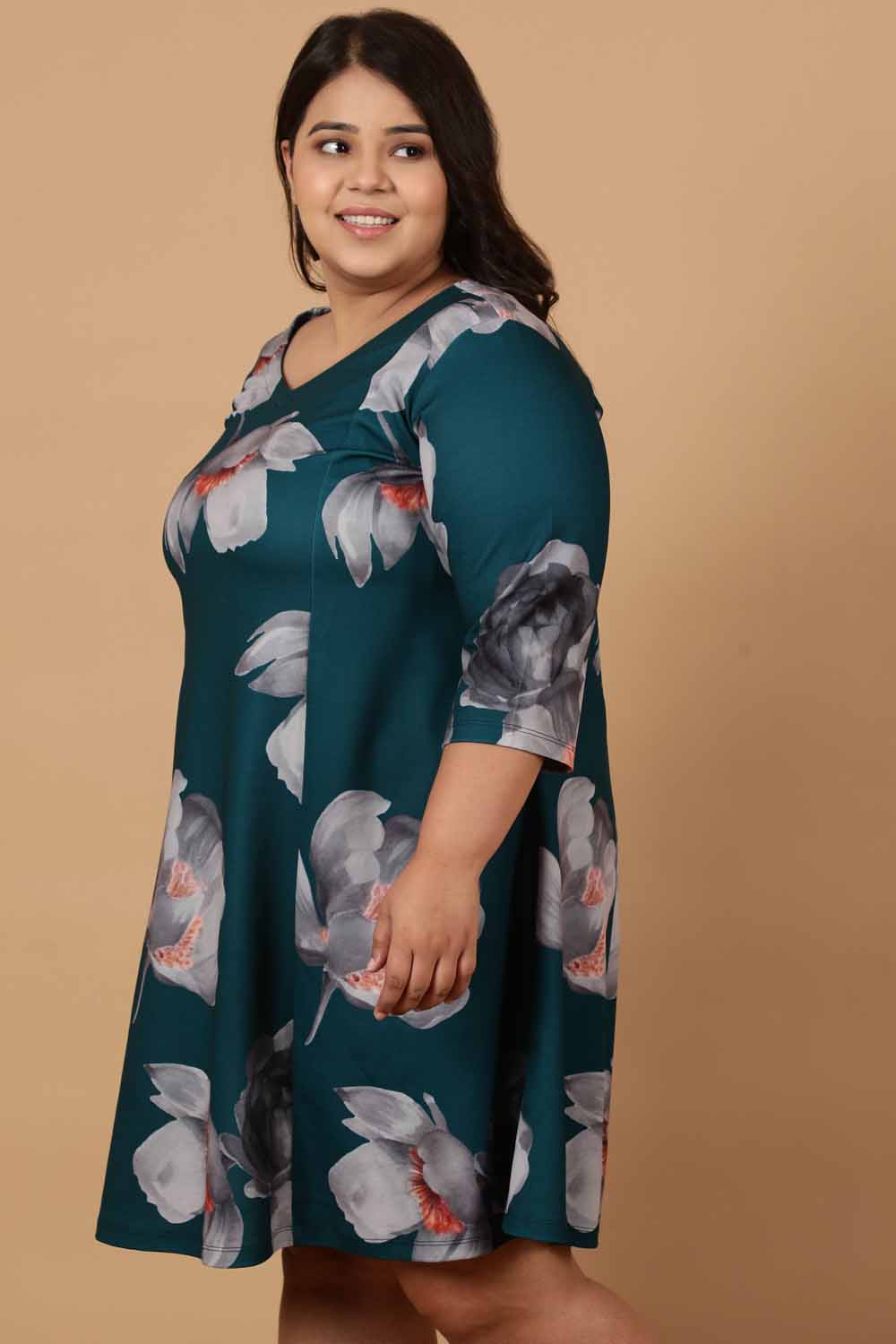 Plus Size Dark Green Floral Printed Dress for Women