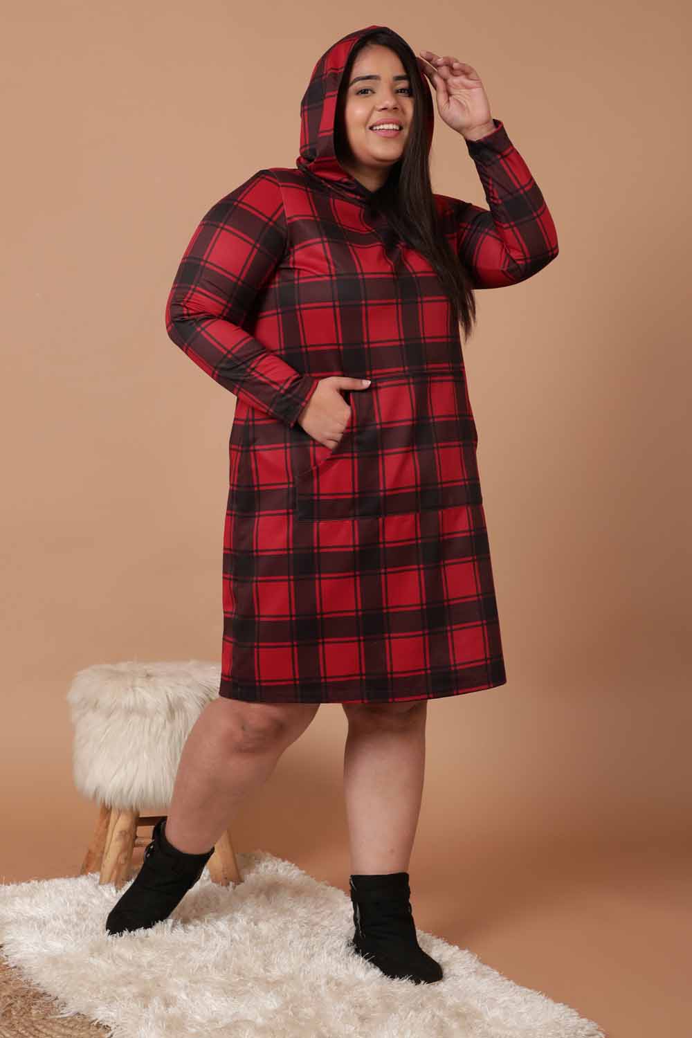 Buy Plus Size Red Black Plaid Printed Sweatshirt Hoodie Winter Dress