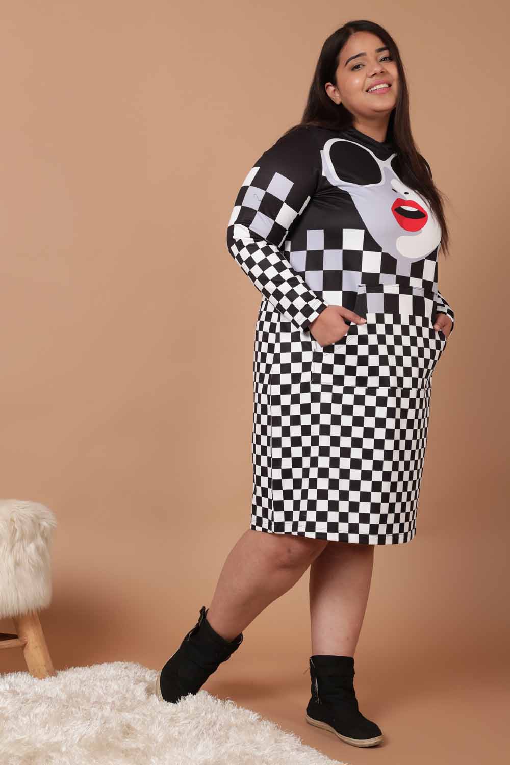 Plus Size Plus Size Bold Face Plaid Printed Sweatshirt Hoodie Winter Dress