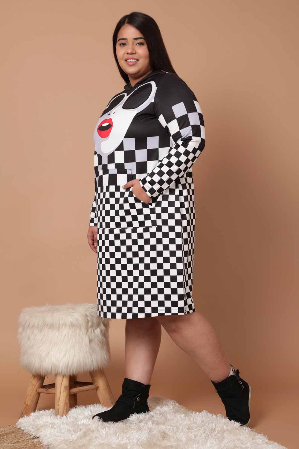 Plus Size Bold Face Plaid Printed Sweatshirt Hoodie Winter Dress for Women