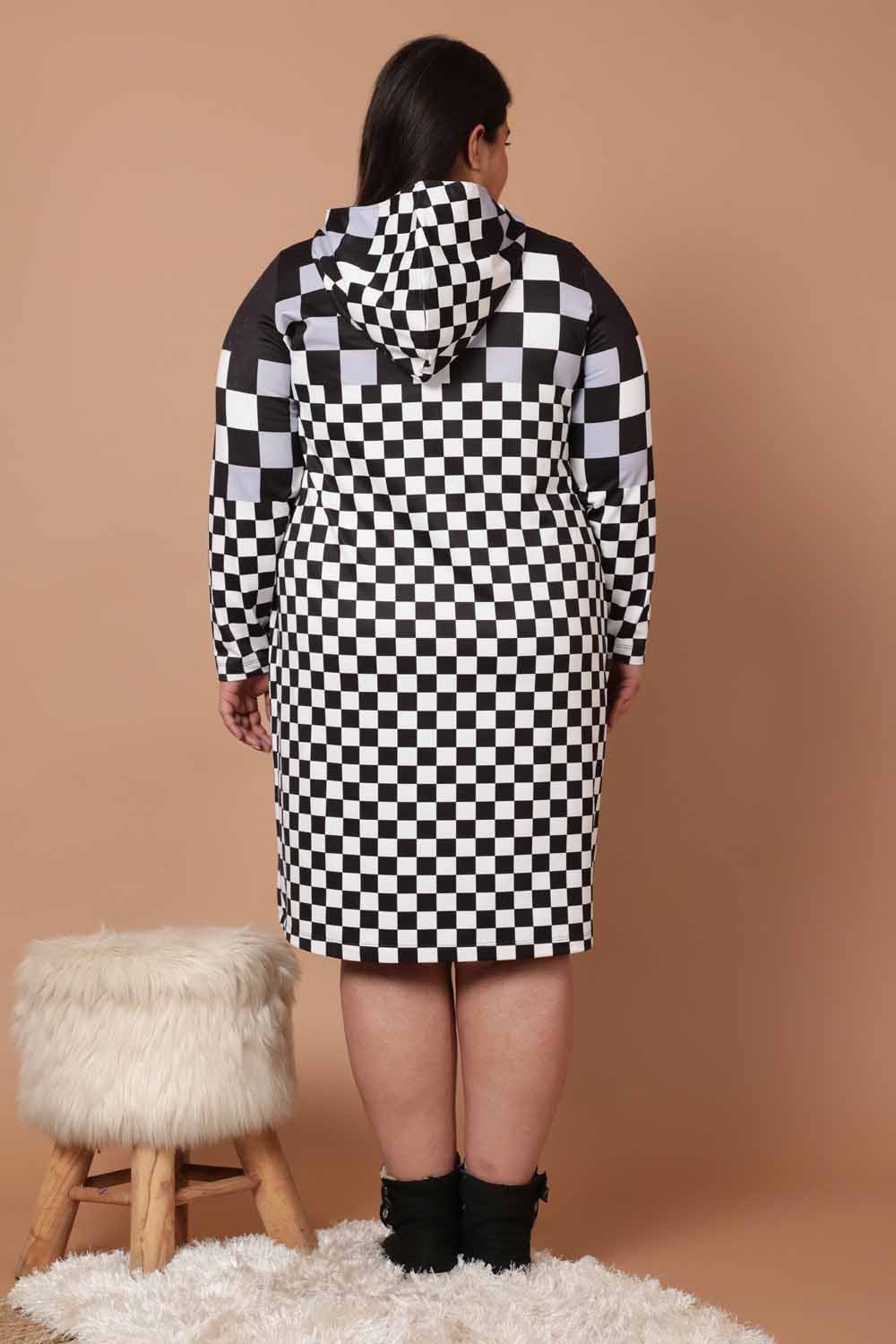 Plus Size Bold Face Plaid Printed Sweatshirt Hoodie Winter Dress